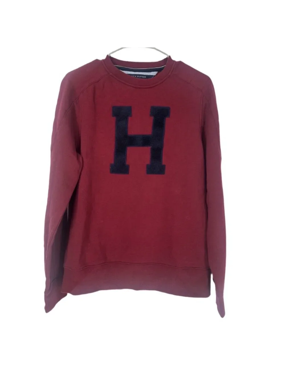 Tommy Hilfiger Sweatshirt Men's Small Burgundy Cotton H Varsity Crewneck Preppy